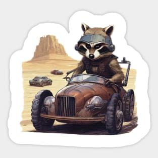 a racoon racing a car across the desert Sticker